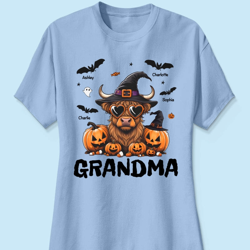 Grandma Halloween Highland Cow & Bats Kids Personalized Shirt, Gift For Grandma